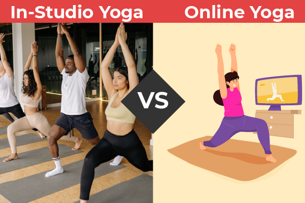 "In-studio Yoga vs Online Yoga" is displayed above two pictures, one real and one cartoon, of people practicing yoga.